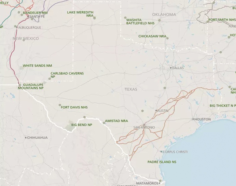 國(guó)家公園，古跡，歷史遺跡，自然保護(hù)區(qū)和德克薩斯州名勝古跡的地圖