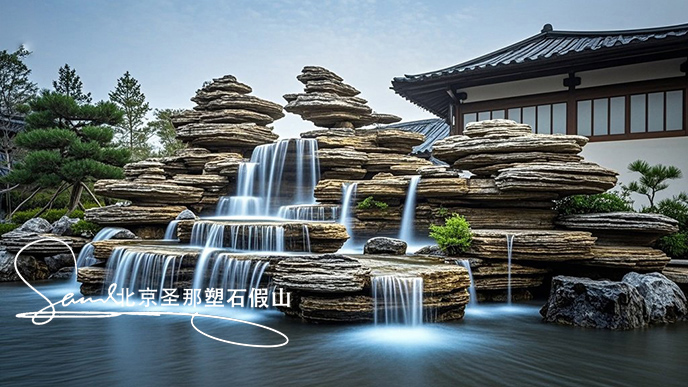jimeng-2025-06-08-898-這是一處富有特色的天然千層石的假山，石頭是和太湖石一樣有自然橫向紋理，是用真正的天然假山石頭制作，能有明顯的凸凹。水流從上層緩緩流下，落入下層的石池中。背景....jpeg
