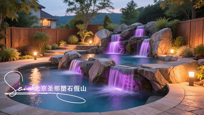 jimeng-2025-06-08-43-這是一座戶外景觀溫泉池。其造型設(shè)計獨特，以仿巖石形態(tài)構(gòu)建池壁，營造出自然的山石氛圍 ，搭配幾處小型瀑布，水流潺潺增添靈動之感。池內(nèi)有紫色燈光照明，營造出夢幻的....jpeg