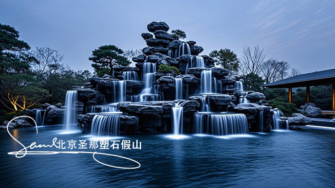jimeng-2025-06-08-901-這是一處富有特色的天然千層石的假山，石頭是和太湖石一樣有自然橫向紋理，是用真正的天然假山石頭制作，能有明顯的凸凹。水流從上層緩緩流下，落入下層的石池中。背景....jpeg