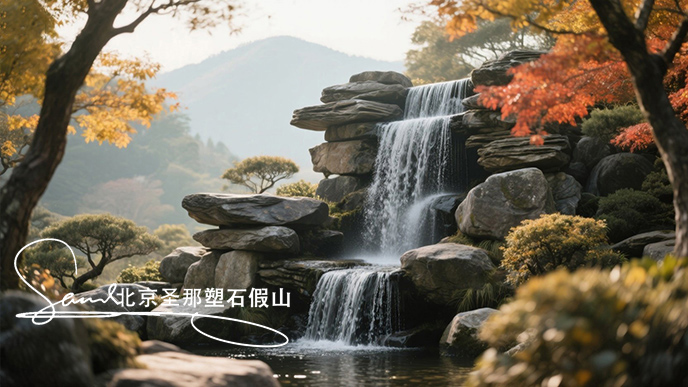 jimeng-2025-06-08-270-瀑布由大小不一的千層石堆疊而成，水流從上層千層石巖石傾瀉至下層，形成優(yōu)美的水簾效果。周?chē)h(huán)境充滿自然氣息，樹(shù)木枝葉呈現(xiàn)出秋天的金黃與橙紅色調(diào) ，陽(yáng)光透過(guò)枝葉....jpeg