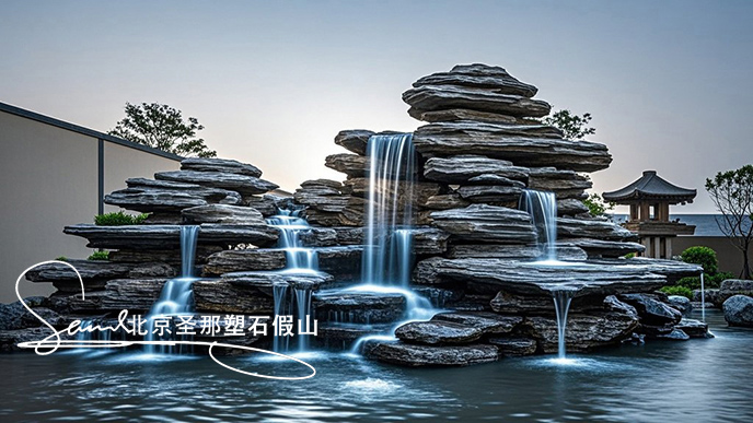 jimeng-2025-06-08-902-這是一處富有特色的天然千層石的假山，石頭是和太湖石一樣有自然橫向紋理，是用真正的天然假山石頭制作，能有明顯的凸凹。水流從上層緩緩流下，落入下層的石池中。背景....jpeg