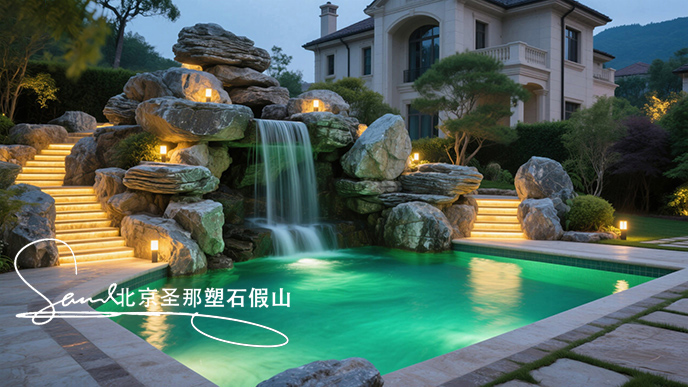 jimeng-2025-06-08-960-這是一座戶外景觀泳池，整體設(shè)計(jì)極具特色。泳池以千層石假山石造型構(gòu)建池壁，塑造出自然山石的形態(tài)，營(yíng)造出仿佛置身于山間溪流的氛圍 。設(shè)有小型瀑布，水流從高處千層....jpeg
