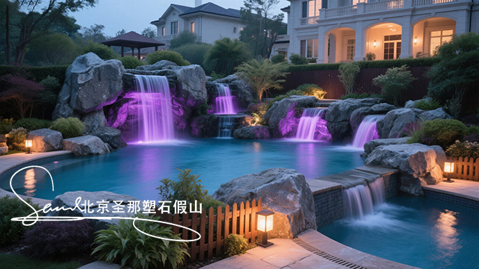 jimeng-2025-06-08-951-這是一座戶外景觀溫泉池。其造型設(shè)計(jì)獨(dú)特，以仿巖石形態(tài)構(gòu)建池壁，營(yíng)造出自然的山石氛圍 ，搭配幾處小型瀑布，水流潺潺增添靈動(dòng)之感。池內(nèi)有紫色燈光照明，營(yíng)造出夢(mèng)幻....jpeg