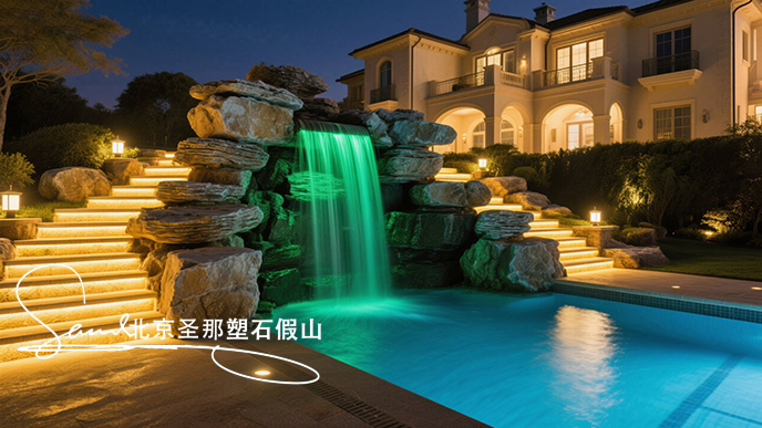 jimeng-2025-06-08-958-這是一座戶外景觀泳池，整體設(shè)計極具特色。泳池以千層石假山石造型構(gòu)建池壁，塑造出自然山石的形態(tài)，營造出仿佛置身于山間溪流的氛圍 。設(shè)有小型瀑布，水流從高處千層....jpeg