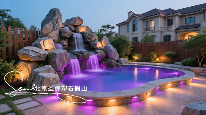 jimeng-2025-06-08-952-這是一座戶外景觀溫泉池。其造型設(shè)計獨特，以仿巖石形態(tài)構(gòu)建池壁，營造出自然的山石氛圍 ，搭配幾處小型瀑布，水流潺潺增添靈動之感。池內(nèi)有紫色燈光照明，營造出夢幻....jpeg