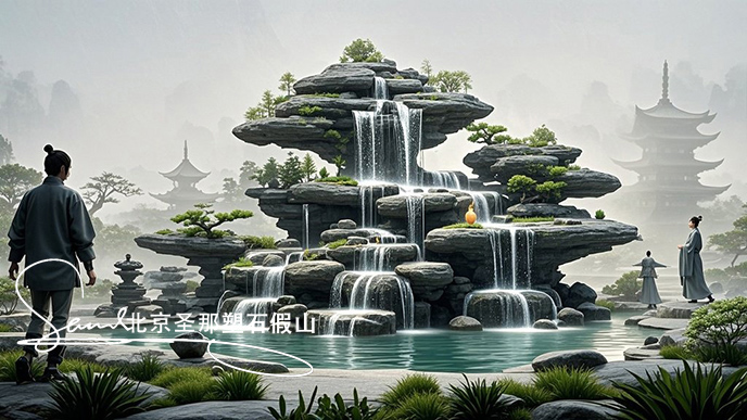 jimeng-2025-06-08-911-這是一處富有特色的天然千層石的假山，石頭是和太湖石一樣有自然橫向紋理，是用真正的天然假山石頭制作，能有明顯的凸凹。水流從上層緩緩流下，落入下層的石池中。背景....jpeg