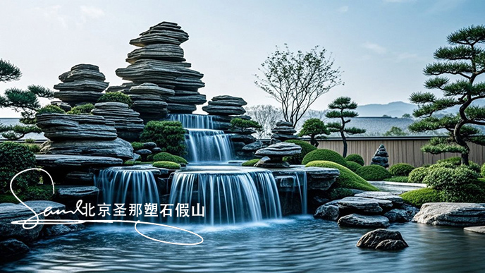 jimeng-2025-06-08-897-這是一處富有特色的天然千層石的假山，石頭是和太湖石一樣有自然橫向紋理，是用真正的天然假山石頭制作，能有明顯的凸凹。水流從上層緩緩流下，落入下層的石池中。背景....jpeg