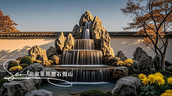 jimeng-2025-06-08-888-這是一處富有特色的天然靈璧石的假山，是用真正的天然靈璧假山石頭制作，能有明顯的凸凹。水流從上層緩緩流下，落入下層的靈璧石池中。背景干凈，沒有其他建筑，只有噴....jpeg