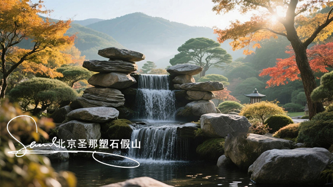 jimeng-2025-06-08-277-瀑布由大小不一的千層石堆疊而成，水流從上層千層石巖石傾瀉至下層，形成優(yōu)美的水簾效果。周圍環(huán)境充滿自然氣息，樹木枝葉呈現(xiàn)出秋天的金黃與橙紅色調(diào) ，陽光透過枝葉....jpeg