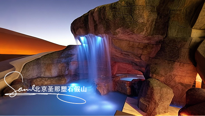 jimeng-2025-06-08-171-這是一處富有特色的水泥塑石噴泉景觀場景。畫面是一組石制噴泉，由多個層次的粗糙水泥仿石石制結(jié)構(gòu)堆疊而成，噴泉是用粗糙的石頭制作，能有明顯的凸凹。水流從上層緩緩....png
