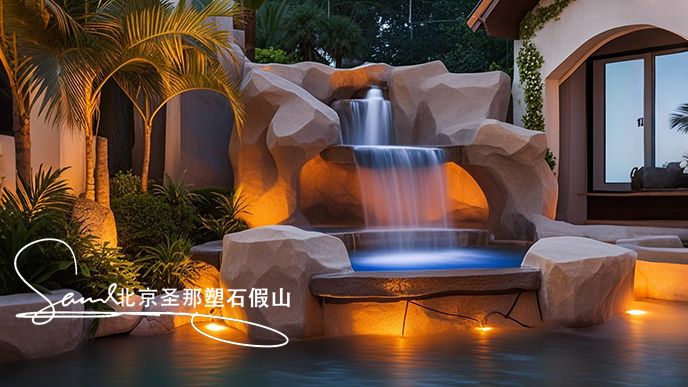 jimeng-2025-06-08-170-這是室內(nèi)一處富有特色的水泥塑石噴泉景觀場景。畫面是一組石制噴泉，由多個層次的粗糙水泥仿石石制結(jié)構(gòu)堆疊而成，噴泉是用粗糙的石頭制作，能有明顯的凸凹。水流從上層....png