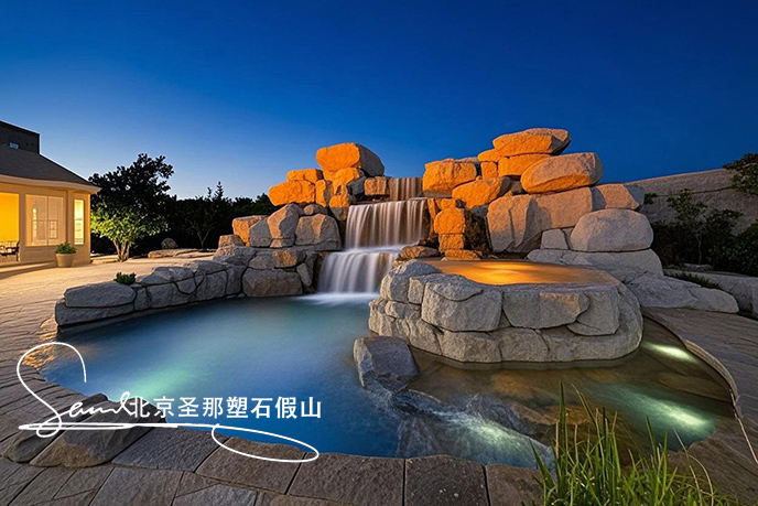 jimeng-2025-06-08-173-這是一處富有特色的水泥塑石景觀場景，是用粗糙的石頭制作，能有明顯的凸凹。水流從上層緩緩流下，落入下層的石池中。背景干凈，沒有其他建筑，只有噴泉本身，中遠(yuǎn)景。....jpeg