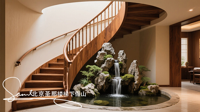 jimeng-2025-06-20-2877-圖中展示了一處室內(nèi)樓梯下英德石假山空間。墻邊一座木質(zhì)旋轉(zhuǎn)樓梯 ，其扶手、欄桿及臺....jpeg