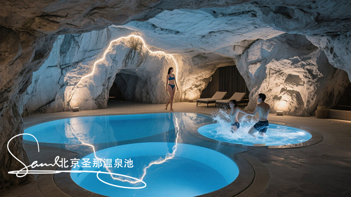 jimeng-2025-06-21-8050-酒店內一個極具特色的洞穴泳池景觀。洞穴由巖石構成，內部是澄澈的3個藍色小泳池 ，....jpeg