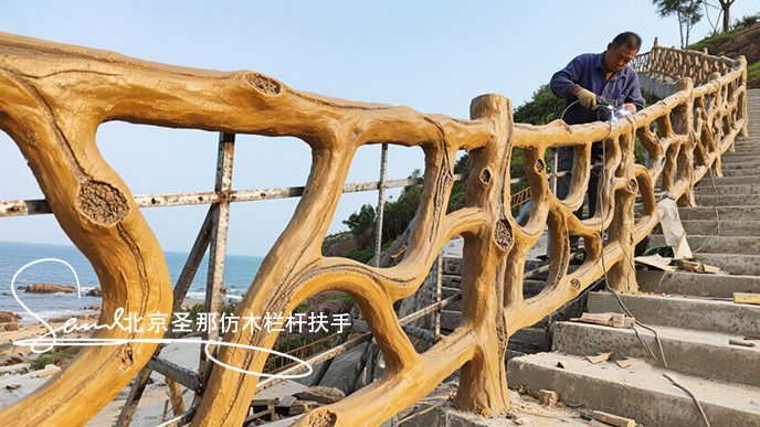 jimeng-2025-06-25-1413-正在施工制作的旅游區(qū)樓梯室外安全圍欄設(shè)計(jì)制作過(guò)程，美工正在施工制作，先用鋼筋焊接....jpeg