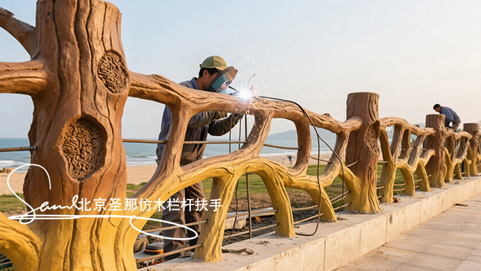 jimeng-2025-06-25-5368-正在施工制作的安全圍欄設(shè)計(jì)制作過(guò)程，美工正在施工制作，先用鋼筋焊接出骨架，然后用....jpeg