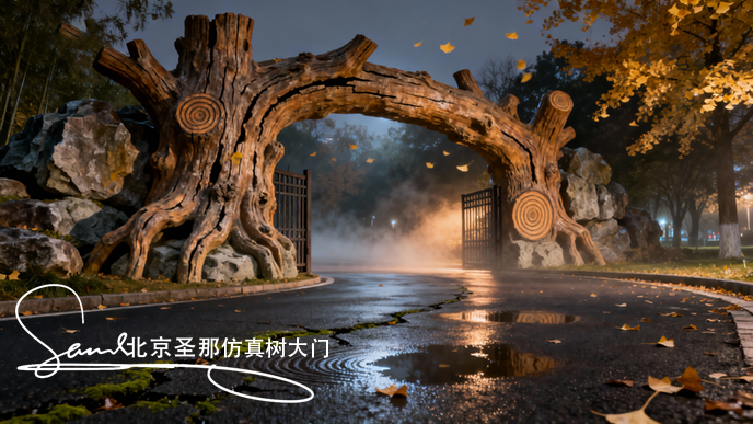 jimeng-2025-10-26-1700-這張圖片展示的是一處仿木景觀大門(mén)，屬于園林景觀造景的典型作品。 主體結(jié)構(gòu)：大門(mén)以....png