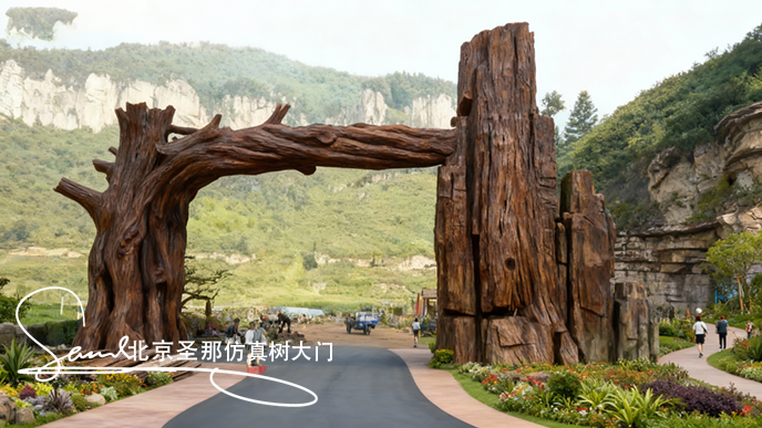 jimeng-2025-10-26-1872-一個(gè)主體顏色是自然暗棕色的仿樹(shù)樁造型的園林景觀入口，大門(mén)橫梁很厚重，整體迪士尼大....png